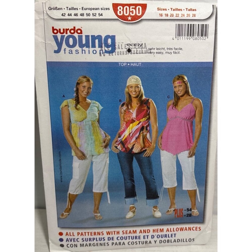 Burda Young Fashion Pattern Tunic Tops 8050 Wm Plus Size Sewing Sizes 16-28 Uncu
